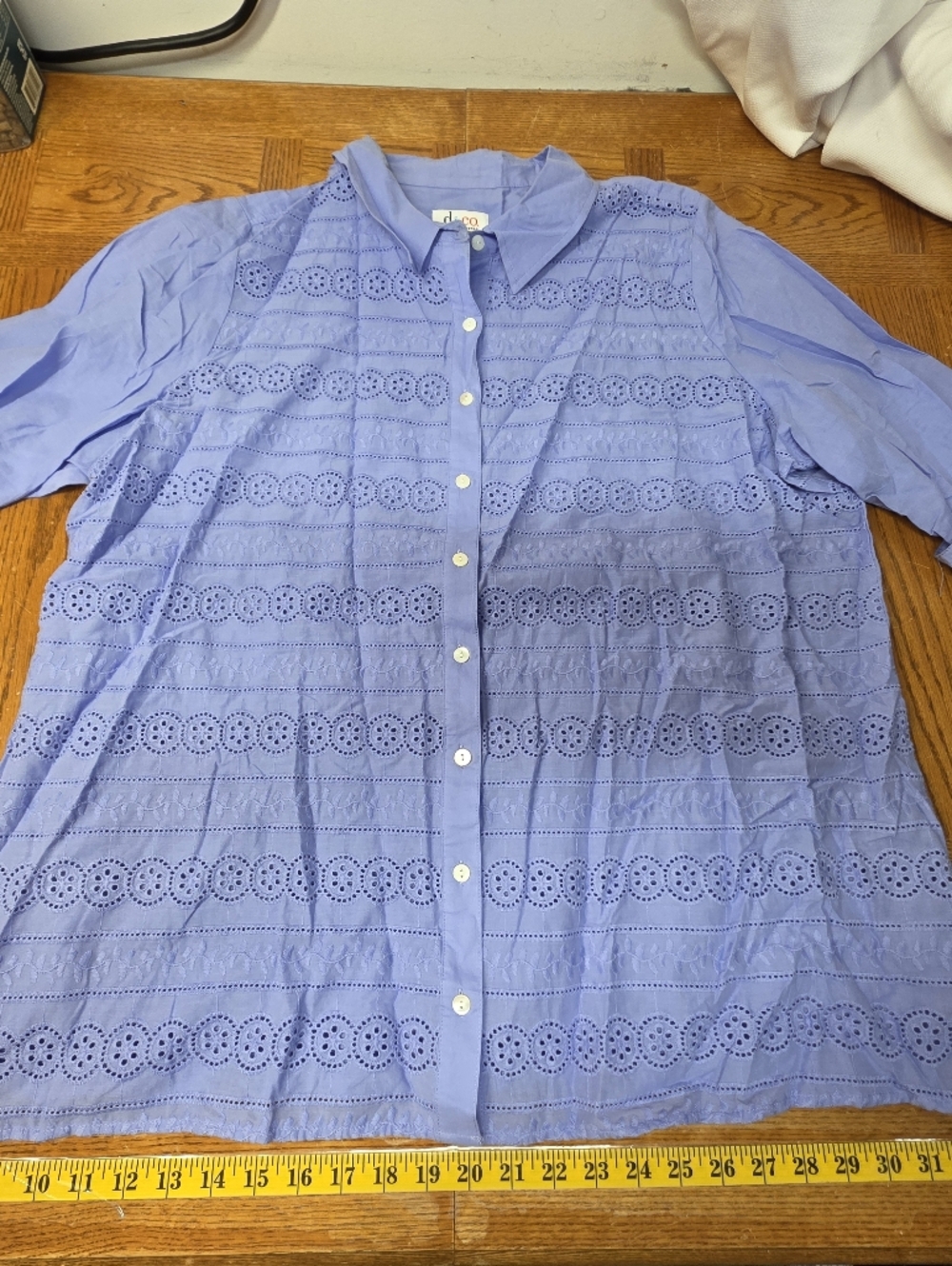 Denim & Co. Button Up Blue Eyelet Cuffed Sleeve Blouse Plus Size 2X